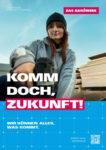Plakat der Imagekampagne für das Handwerk mit Dachdecker-Azubi Alexandra und Schriftzug: Komm doch, Zukunft!
