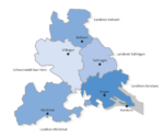 Landkarte mit den Bezirken der Handwerkskammer Konstanz: Landkreise Konstanz, Rottweil, Tuttlingen, Waldshut und Schwarzwald-Baar-Kreis